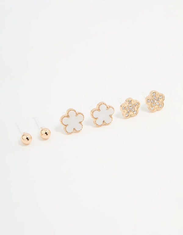 Gold Diamante & White Flower Stud Earrings 3-Pack