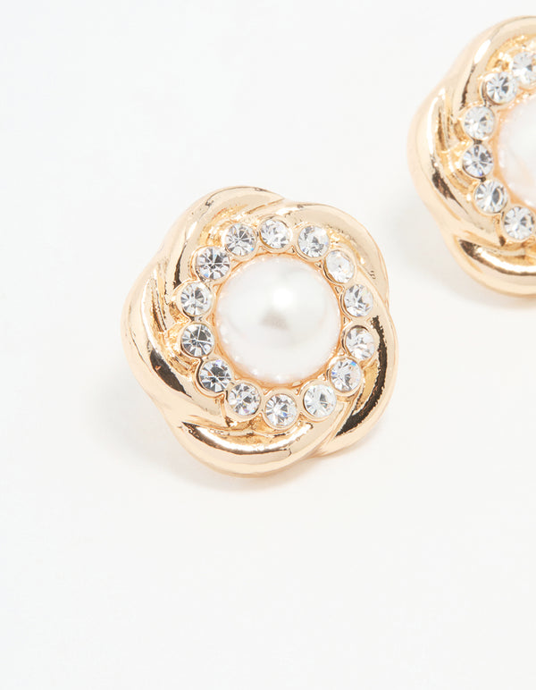 Gold Large Pearl Stud Earrings