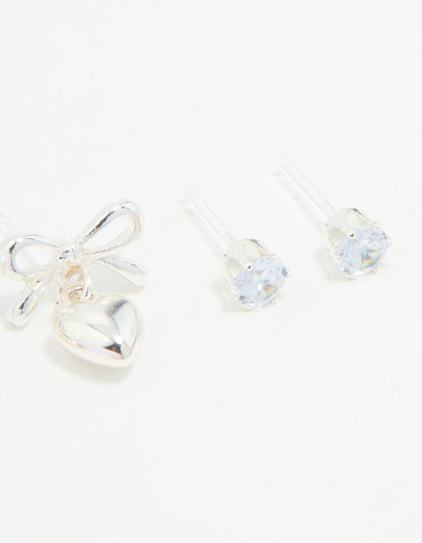 Silver Bow & Heart Stud Earrings 3-Pack