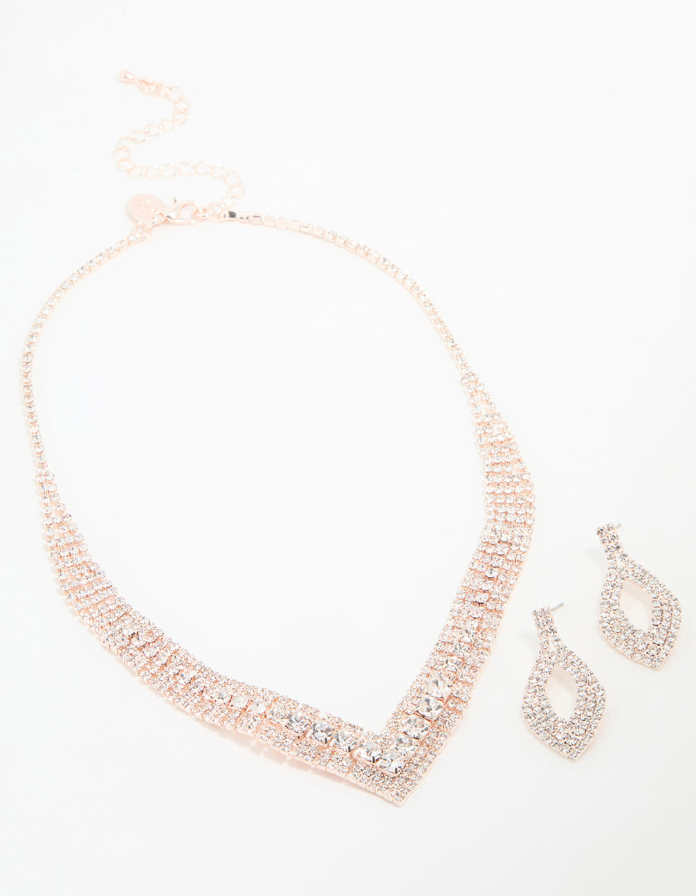 Rose Gold Diamante Pointed Cupchain Earring & Necklace Set