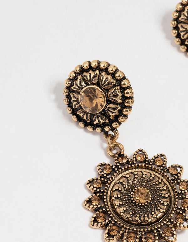 Antique Gold Triple Tier Boho Drop Earrings