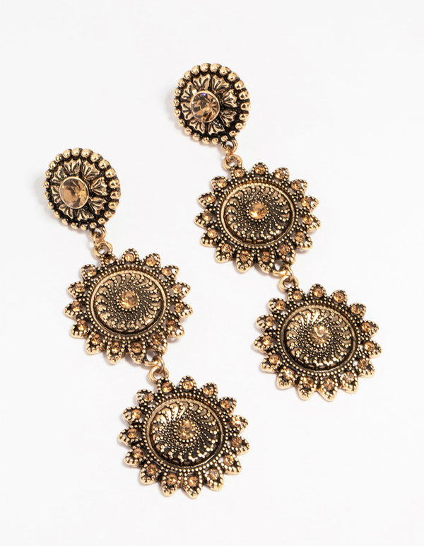 Antique Gold Triple Tier Boho Drop Earrings