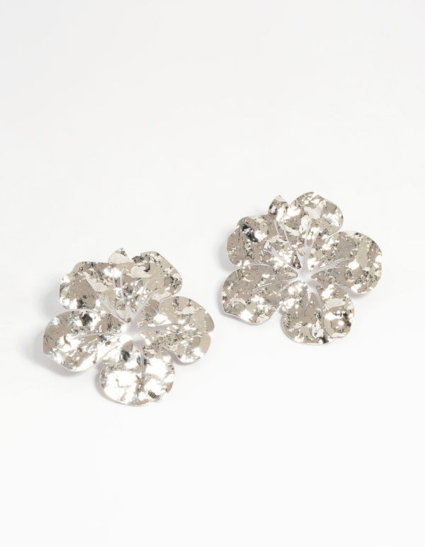 Silver Hammered Hibiscus Stud Earrings