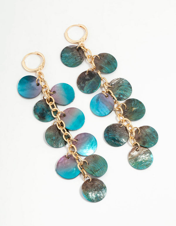 Gold Blue Genuine Shell Disc Chain Drop Earrings