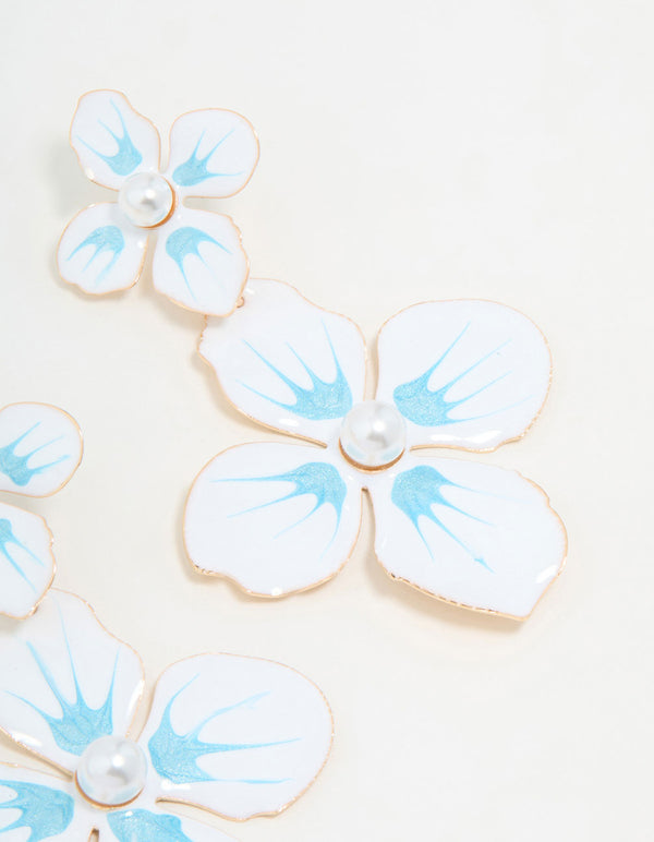 White & Blue Coated Metal Flower Drop Earrings