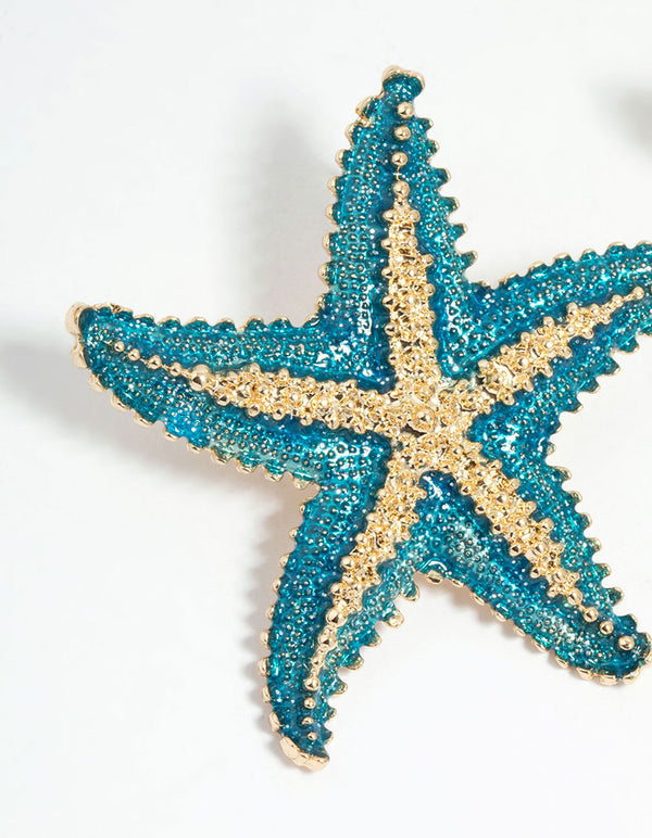 Blue Coated Metal Starfish Stud Earrings