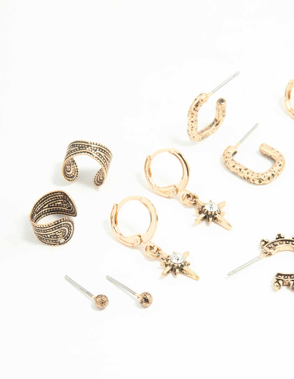 Antique Gold Sun & Star Huggie & Stud Earrings 6-Pack