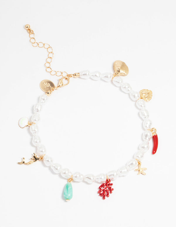 Gold Beaded Pearl Sea Charm Anklet