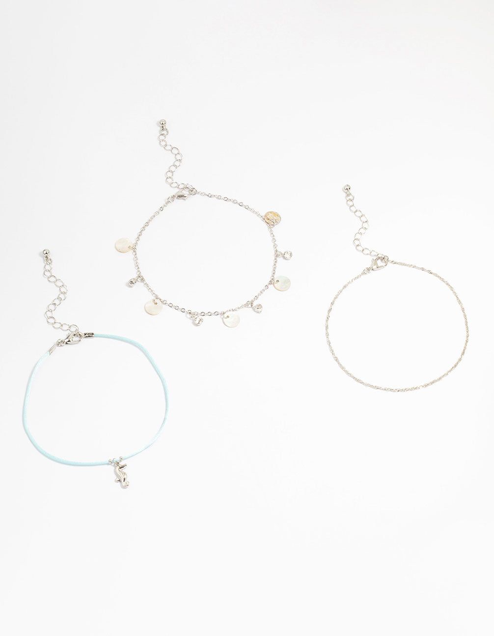 Silver Genuine Shell Seahorse Anklets 3-Pack