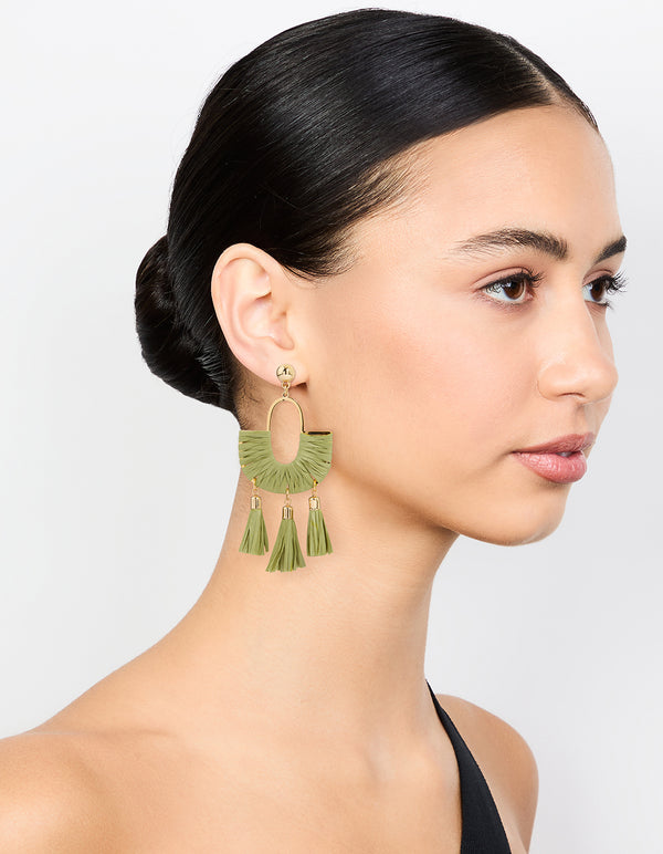 Gold & Green Half Woven Tassel Drop Earrings