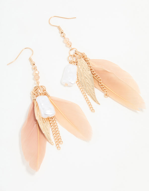Gold Pearl Leaf Feather Hook Earrings