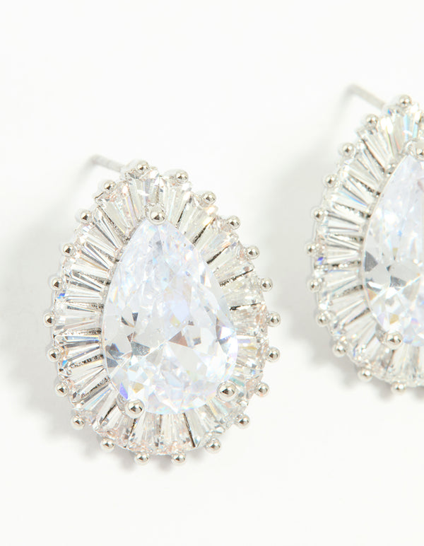 Silver Cubic Zirconia Pear Statement Stud Earrings