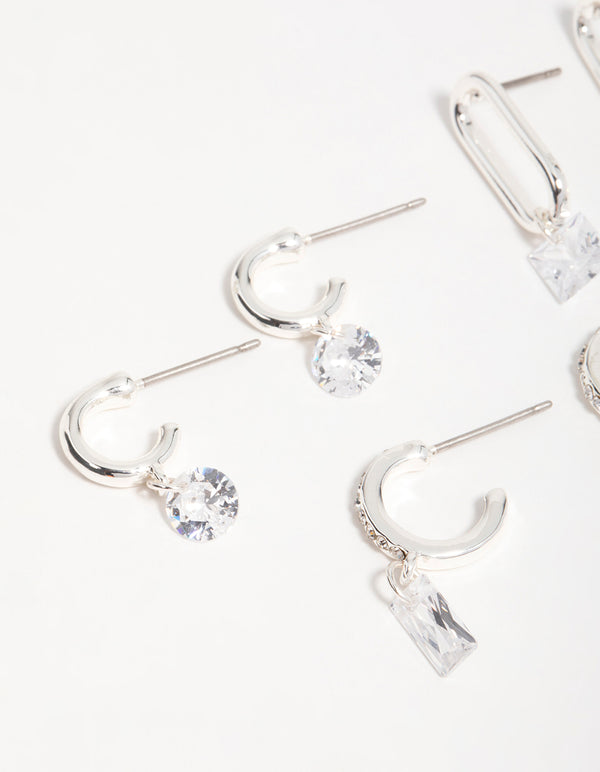 Silver Cubic Zirconia Mixed Shape Drop Earrings 3-Pack