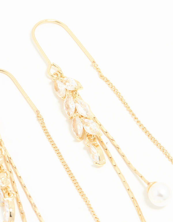 Gold Cubic Zirconia Pearl Leaf Drop Hook Earrings