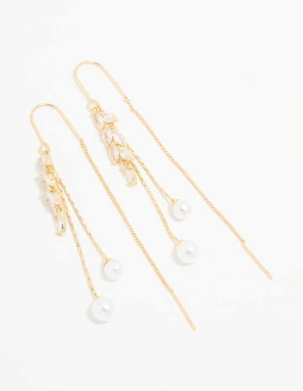 Gold Cubic Zirconia Pearl Leaf Drop Hook Earrings