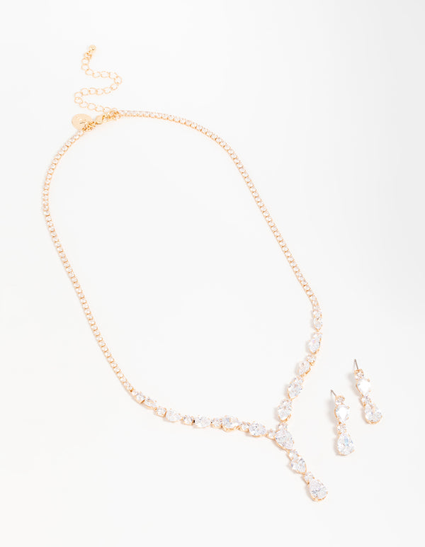 Gold Cubic Zirconia Pear Drop Y-Necklace & Earrings Set