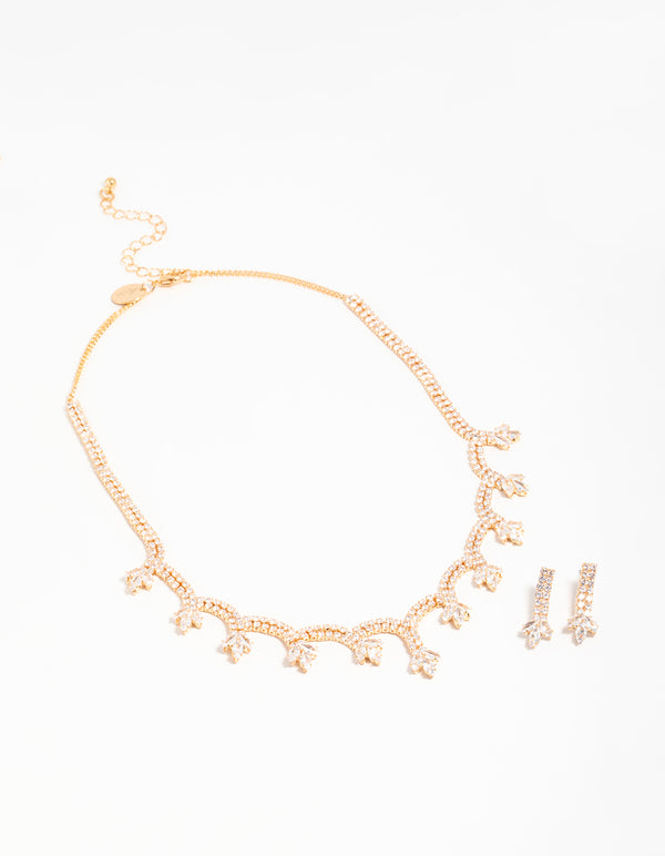 Gold Cubic Zirconia Scalloped Flower Necklace & Earrings Set
