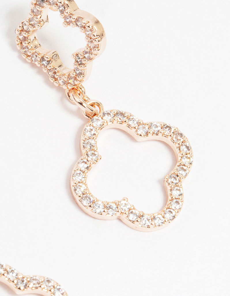 Rose Gold Plated Cubic Zirconia Double Flower Drop Earrings