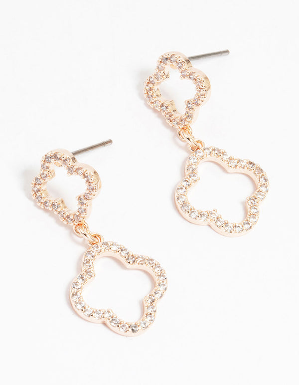 Rose Gold Plated Cubic Zirconia Double Flower Drop Earrings