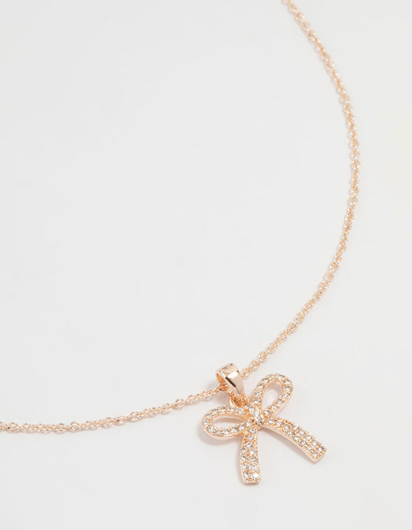 Rose Gold Plated Cubic Zirconia Bow Pendant Necklace