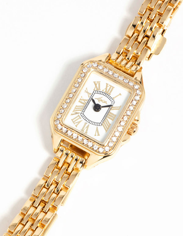 Gold Diamante Mini Rectangular Watch