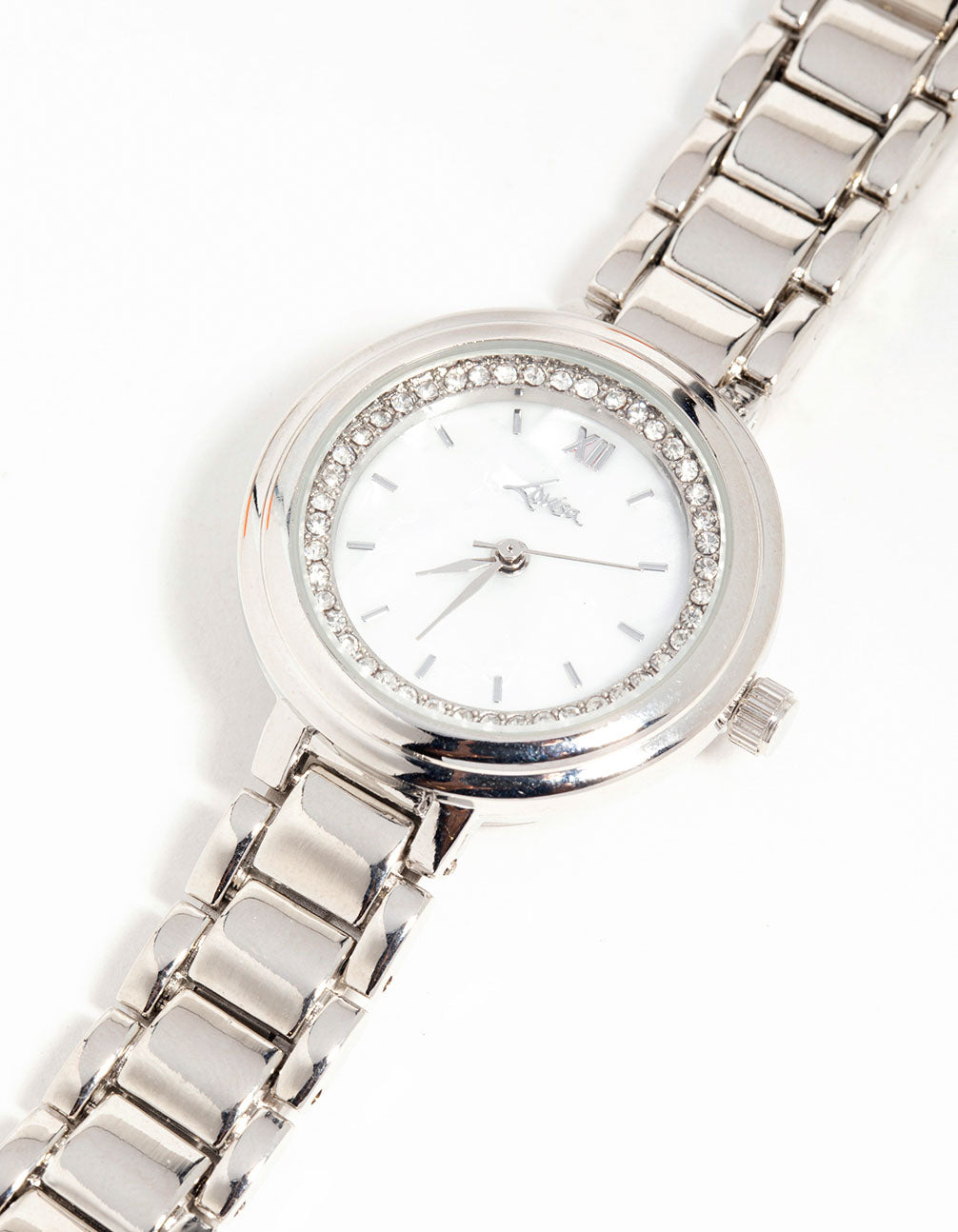 Elegant women's watch with white stone-embellished dial, round shape, formal occasion design, link-band strap in silver, and analog display watch face detail view