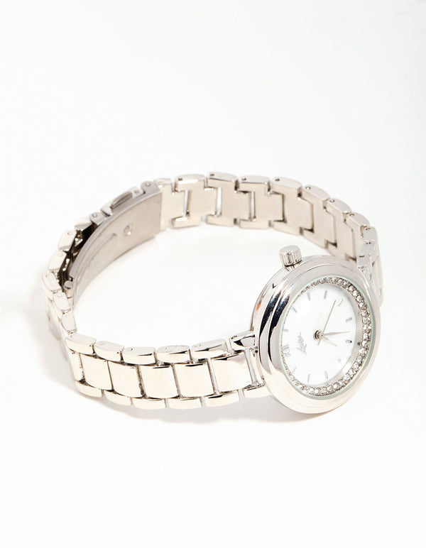 Silver Diamante Round Watch