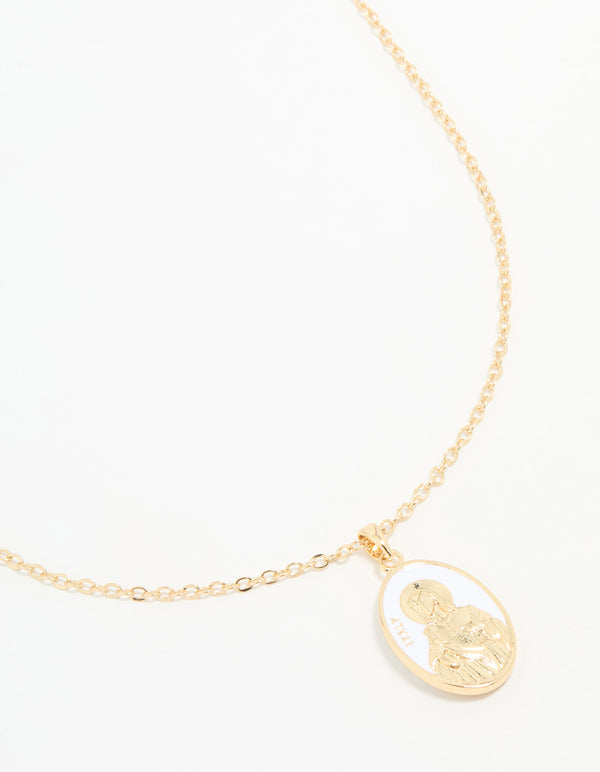 Gold Plated Enamel Mary Pendant Necklace
