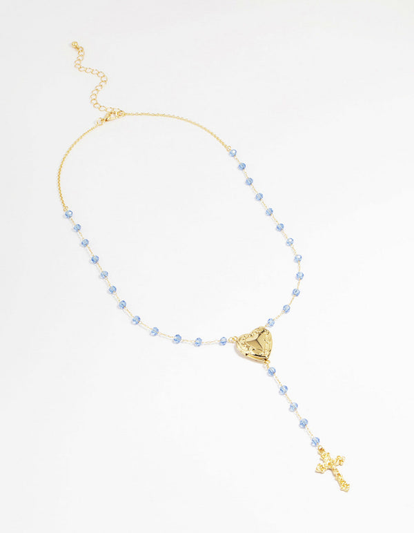 Gold Plated Blue Beaded Heart Locket & Cross Y-Necklace