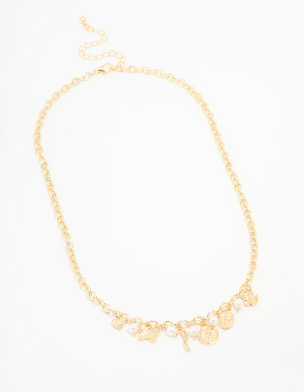 Gold Plated Cross & Mixed Charm Necklace