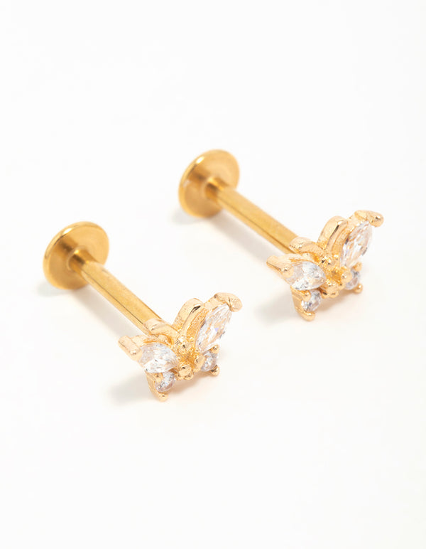 Gold Plated Surgical Steel Cubic Zirconia Butterfly Flat Back Earrings
