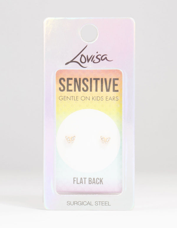 Kids Gold Plated Surgical Steel Diamante Butterfly Flat Back Earrings