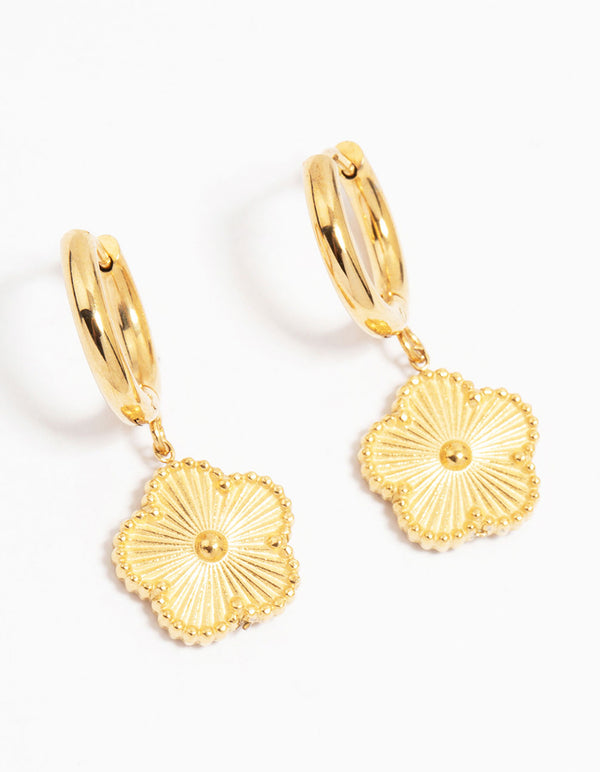 Waterproof Gold Plated Stainless Steel Flower Drop Hoop Earrings