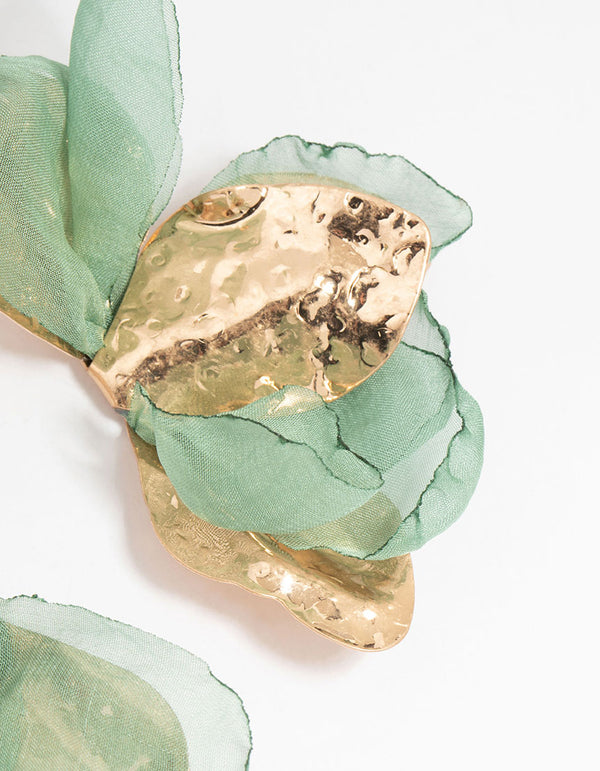 Gold Green Fabric Flower Drop Earrings