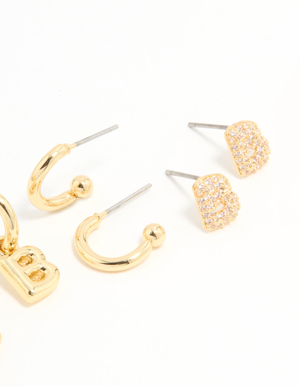 Gold Plated Cubic Zirconia Letter B Stud & Hoop Earrings 4-Pack