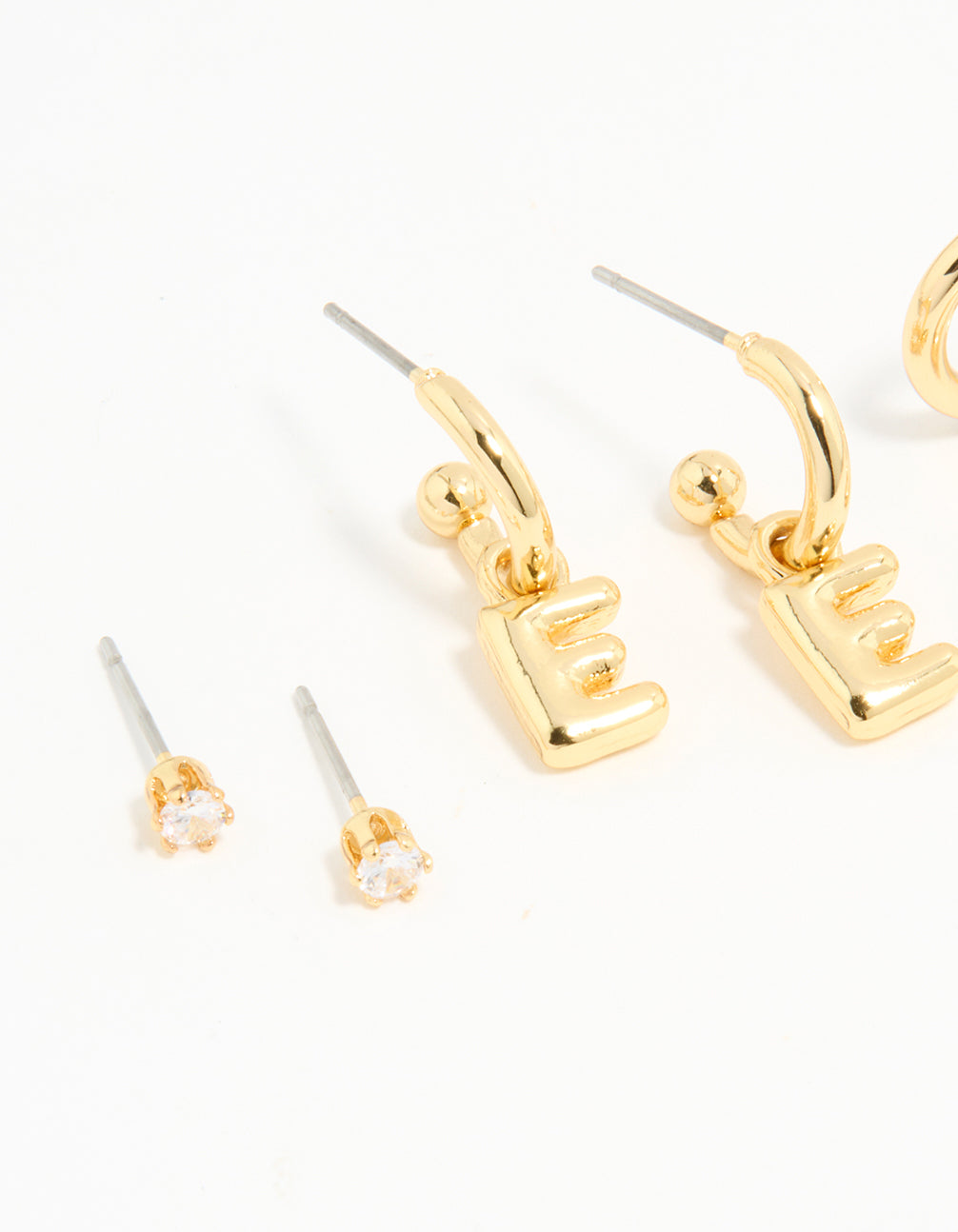 Gold Plated Cubic Zirconia Letter E Stud & Hoop Earrings 4-Pack