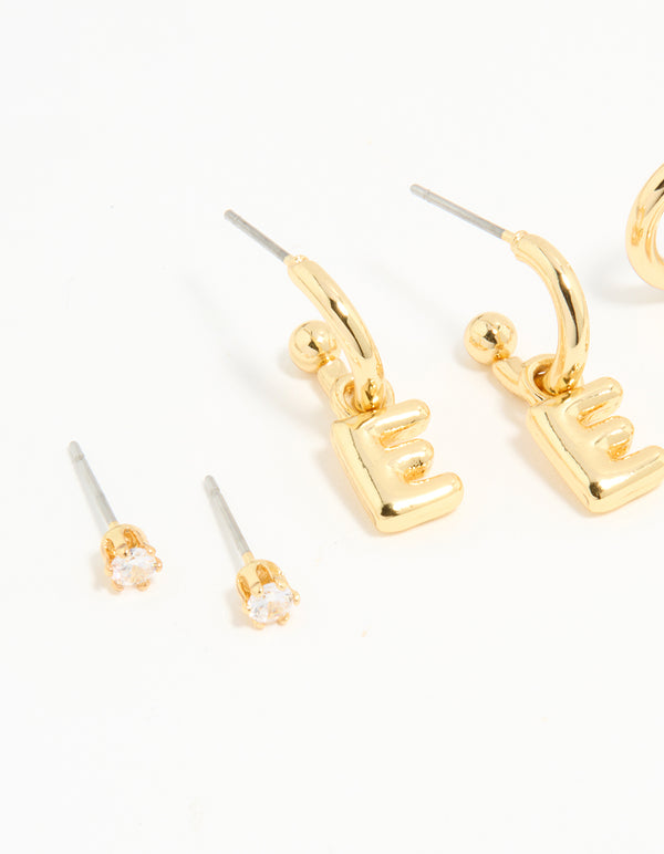 Gold Plated Cubic Zirconia Letter E Stud & Hoop Earrings 4-Pack