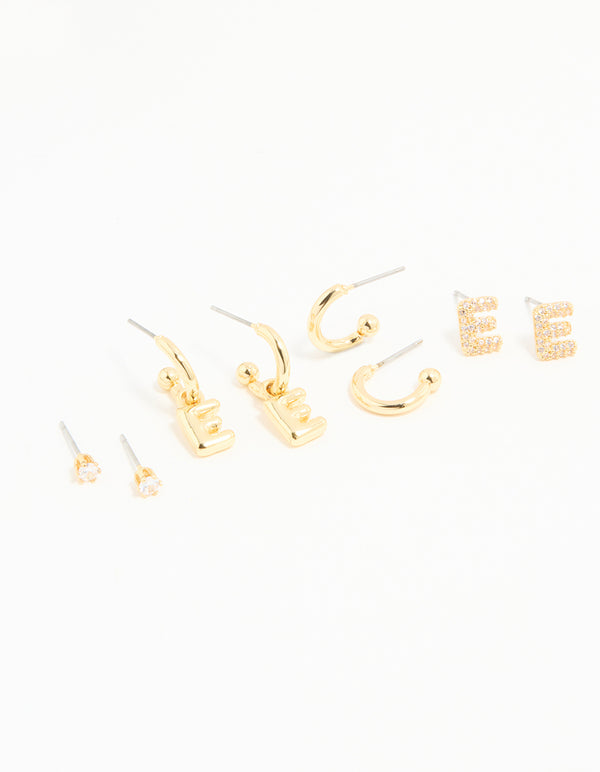 Gold Plated Cubic Zirconia Letter E Stud & Hoop Earrings 4-Pack