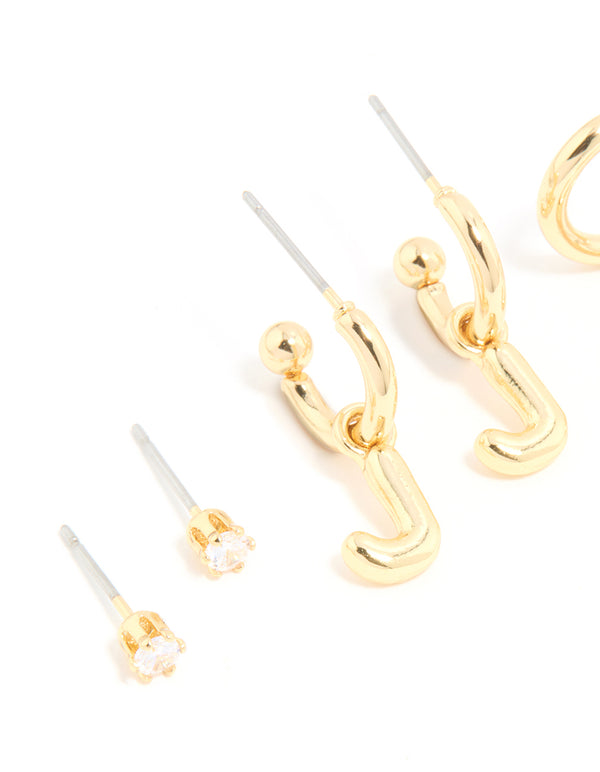 Gold Plated Cubic Zirconia Letter J Stud & Hoop Earrings 4-Pack