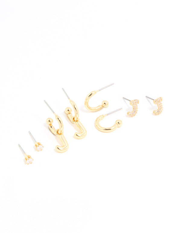 Gold Plated Cubic Zirconia Letter J Stud & Hoop Earrings 4-Pack