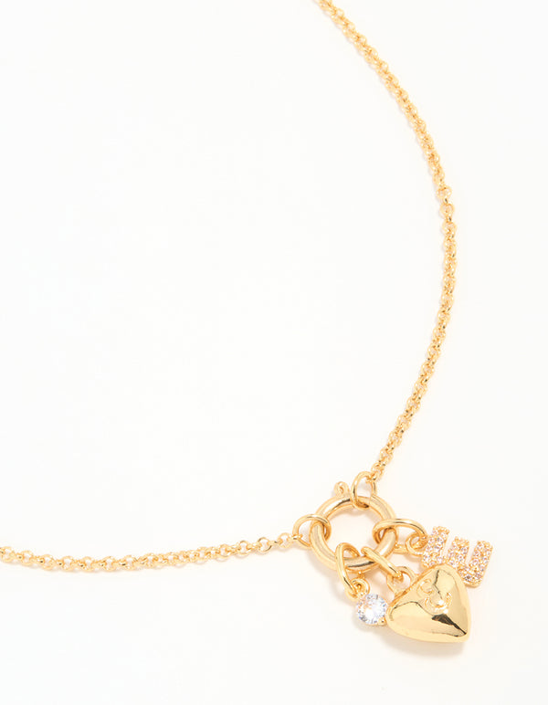Gold Plated Bubble E & Heart Charm Necklace