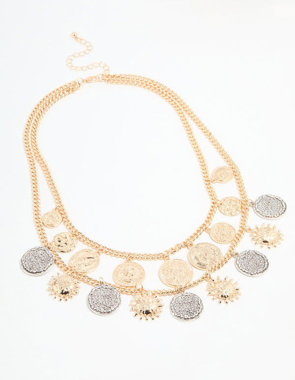Gold Mixed Metal Coin Layered Necklace