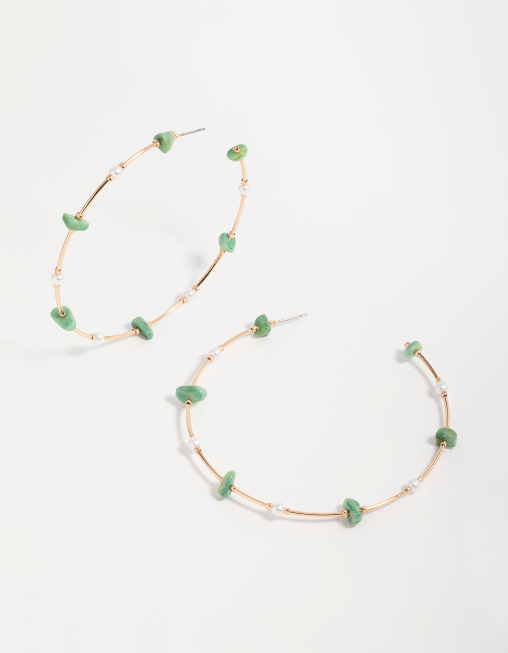 Gold Green Stone & Pearl Hoop Earrings