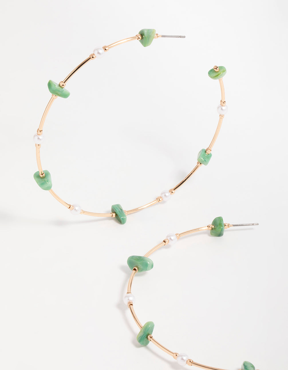 Gold Green Stone & Pearl Hoop Earrings