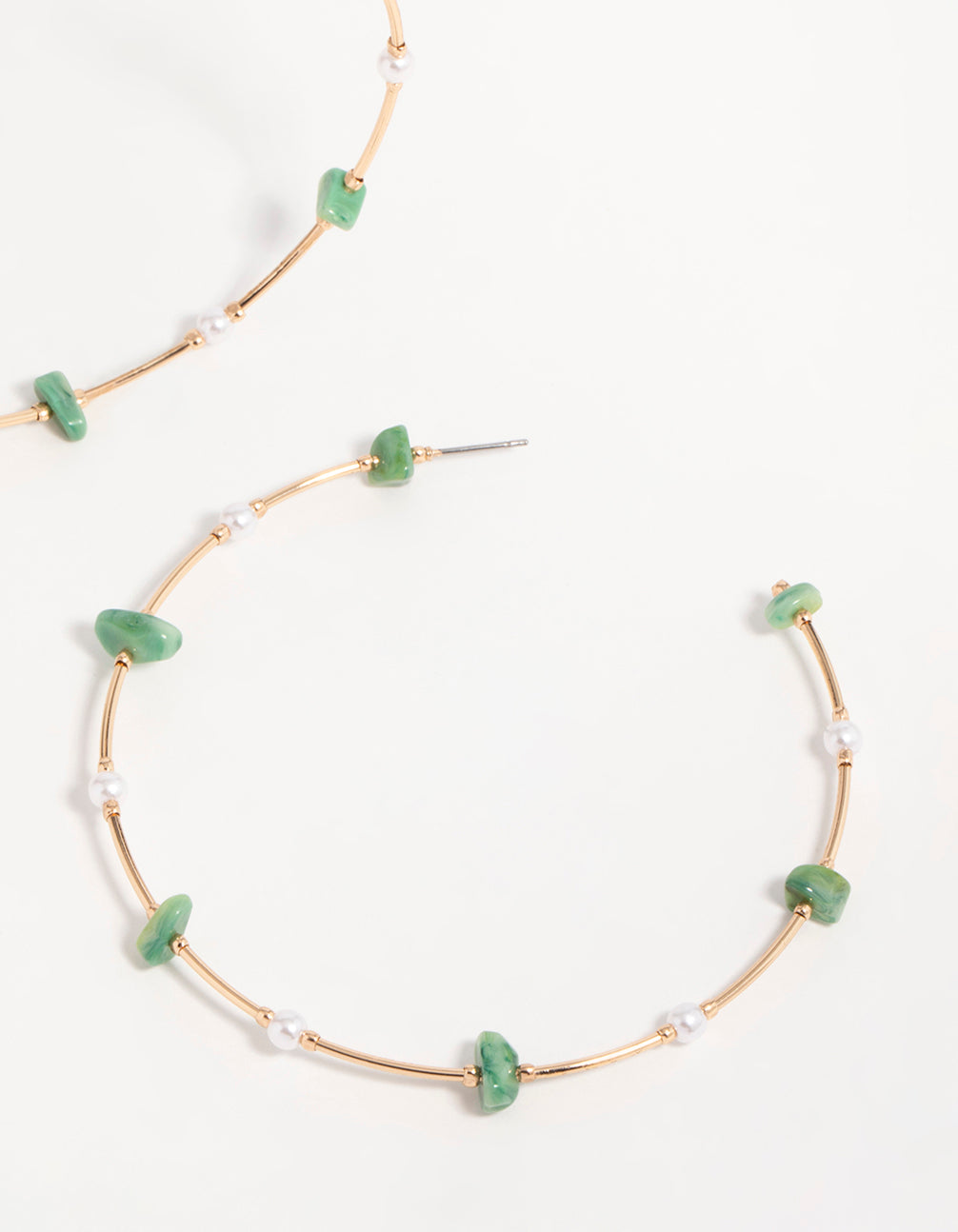 Gold Green Stone & Pearl Hoop Earrings