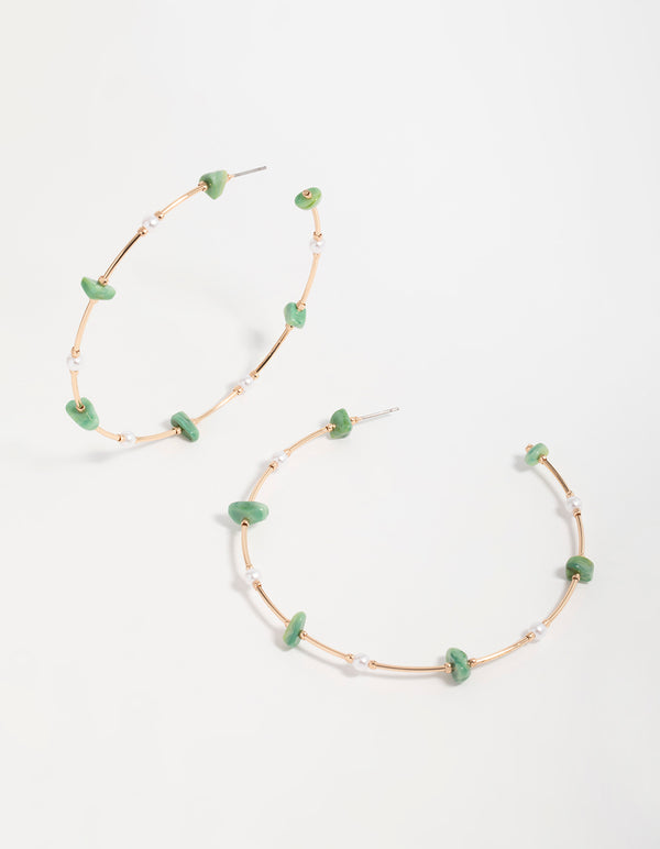 Gold Green Stone & Pearl Hoop Earrings