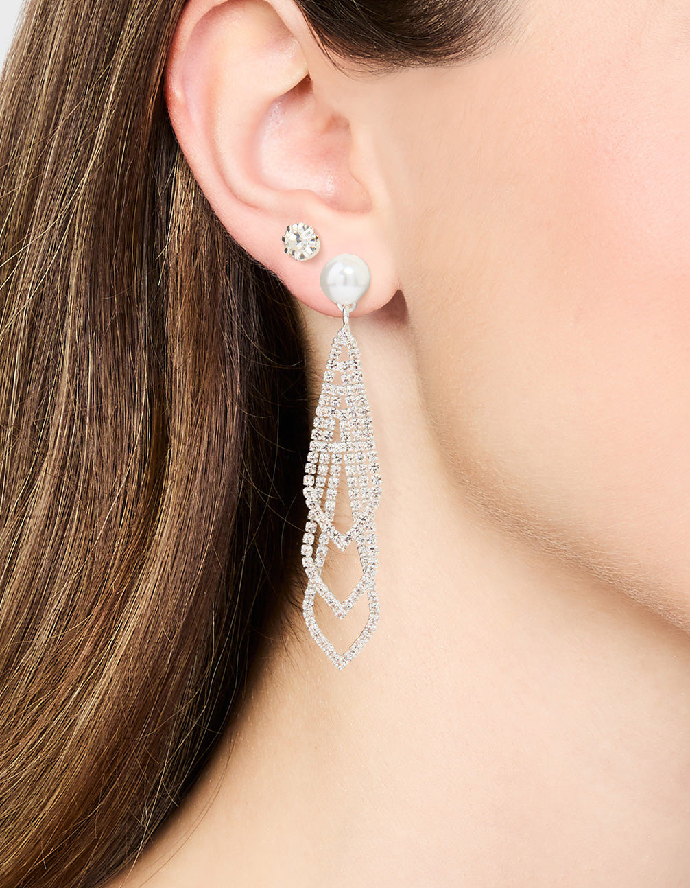 Silver Diamante Pearl Triangular Layered Earrings 2-Pack