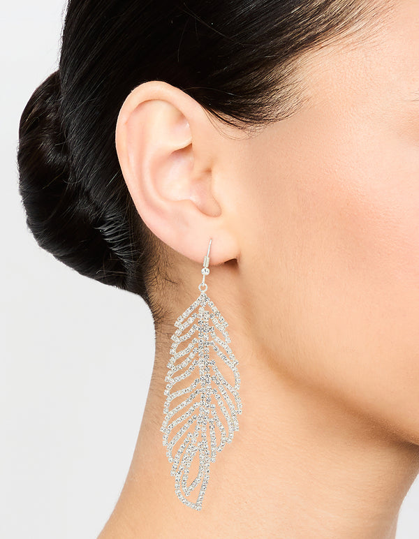 Silver Diamante Large Leaf Outline Hook Drop Earrings