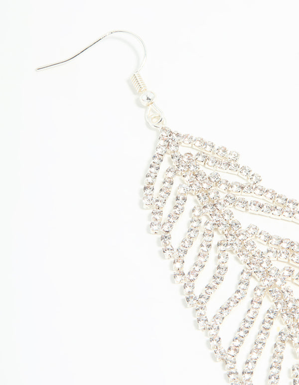 Silver Diamante Large Leaf Outline Hook Drop Earrings