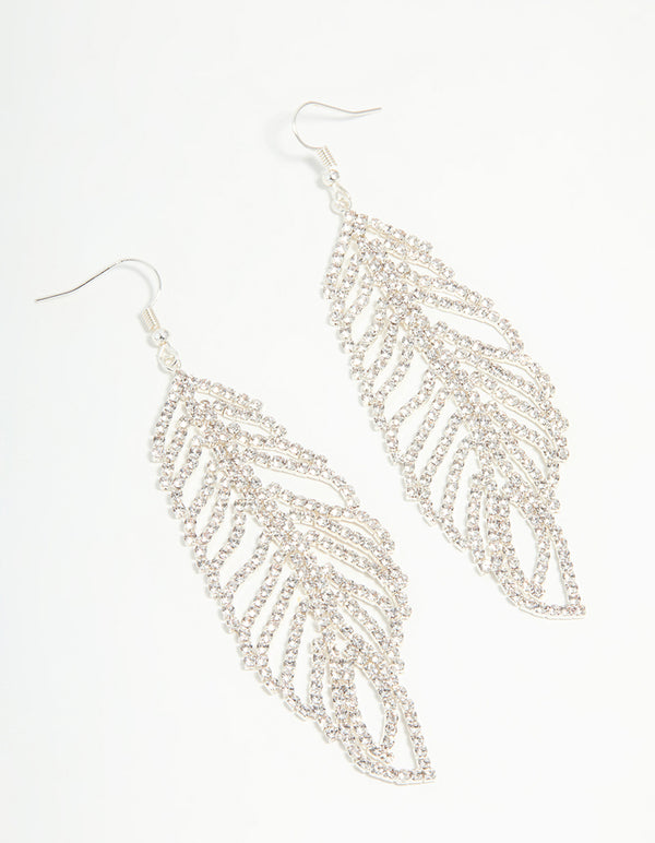 Silver Diamante Large Leaf Outline Hook Drop Earrings